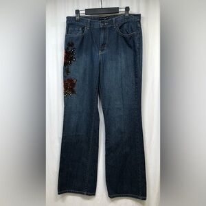 New York & Company Blue Beaded Red Floral Embroidered Bootcut Jeans Size 10